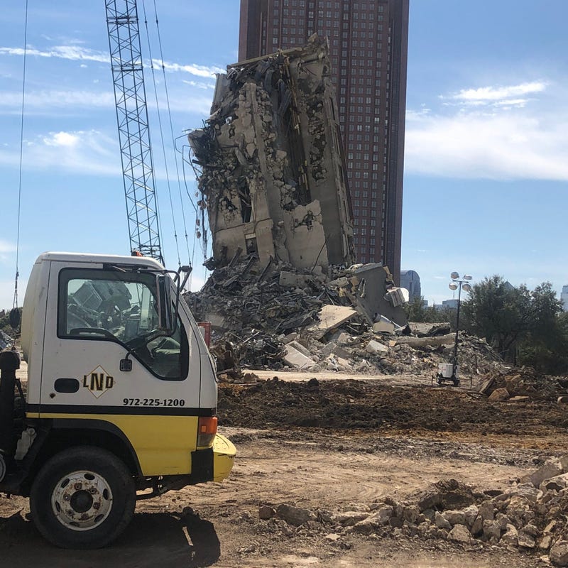 Leaning Tower of Dallas on its final day of destruction