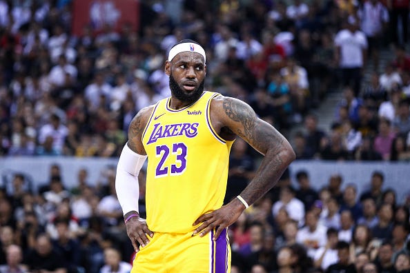 LeBron James glances at his teammates during a game.