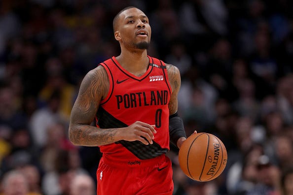 Damian Lillard brings the ball up against the Nuggets in Jan. 2019.