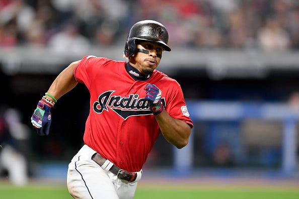 Francisco Lindor hustles down the line during an Indians game.