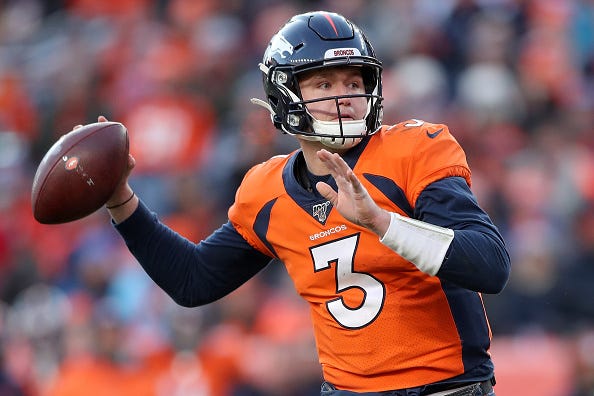 Broncos QB Drew Lock winds up in the pocket.