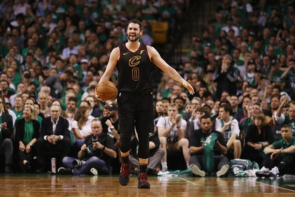 Kevin Love reacts to a call against the Celtics.
