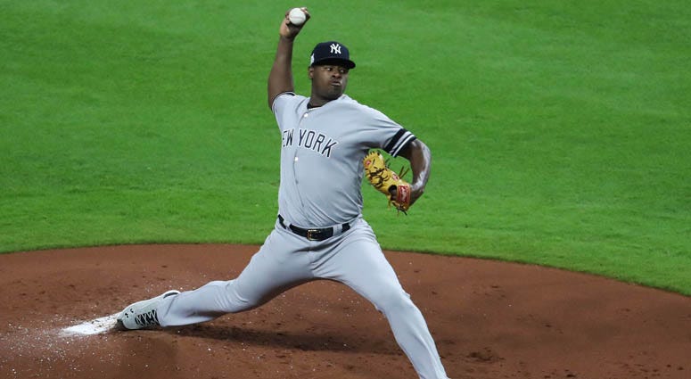 Luis Severino reacts during the sixth inning against the Boston Red Sox at Fenway Park.