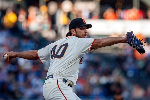 Madison Bumgarner pitches against the Oakland A's in 2019.