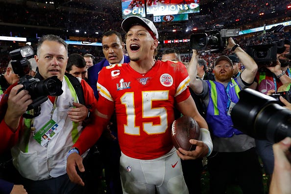 Chiefs QB Patrick Mahomes celebrates winning Super Bowl LIV.