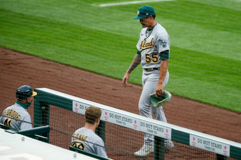Sean Manaea heads back to the dugout after a start with the A's.