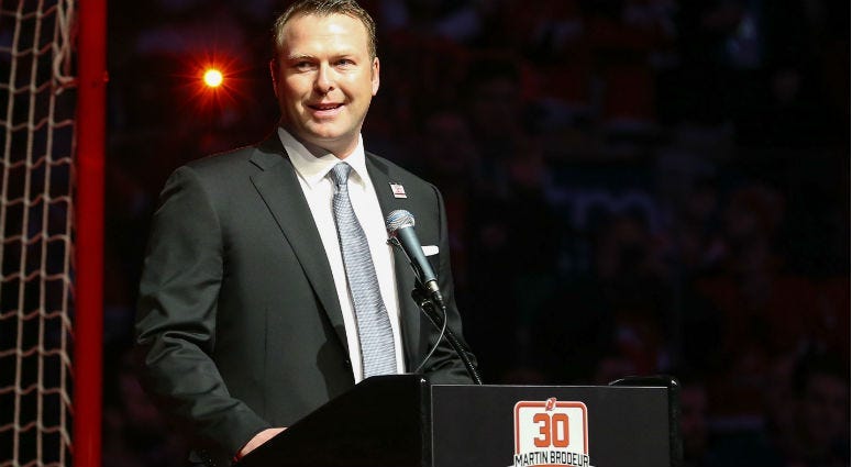 Martin Brodeur addresses the crowd at his number retirement ceremony before the start of the NHL game between the New Jersey Devils and the Edmonton Oilers at Prudential Center.