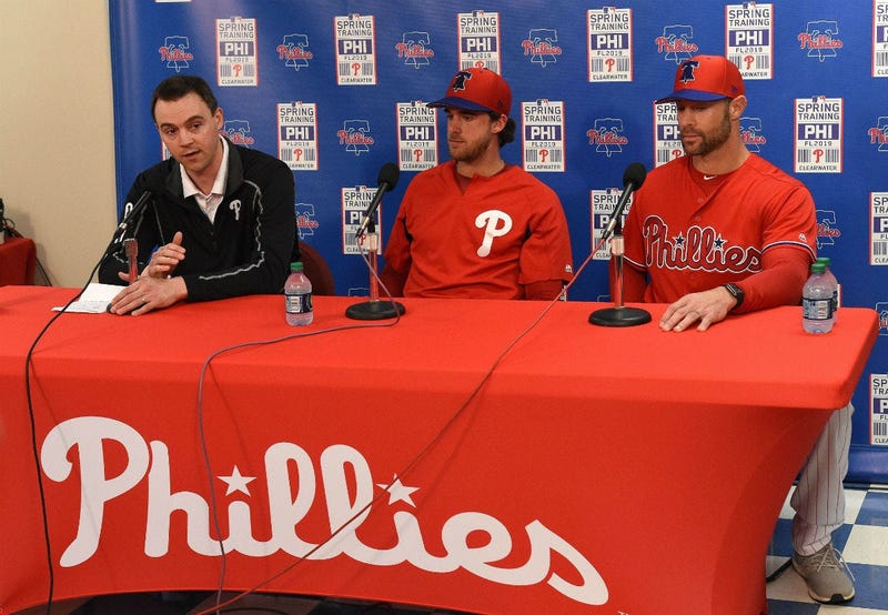 Philadelphia Phillies Vice President and General Manager Matt Klentak , pitcher Aaron Nola, and manager Gabe Kapler talks to the media during spring training at Spectrum Field.