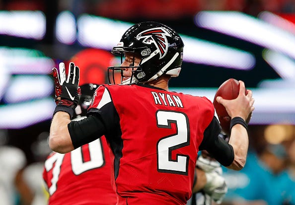 Matt Ryan winds up as he eyes a Falcons receiver down field.