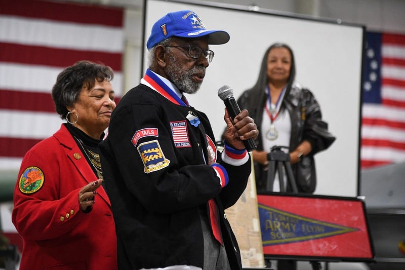 Tuskegee Airman Theodore Lumpkin speaks during a visit to Hill Air Force Base, Utah, April 20, 2018. Lumpkin served as an intelligence officer assigned to the 332nd Fighter Group during World War II. Last month, Lumpkin died from COVID-19 in Los Angeles at age 100. (R. Nial Bradshaw)
