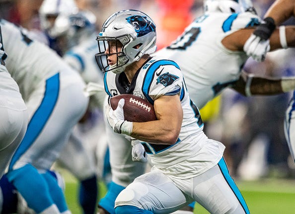 Christian McCaffrey looks for room to run behind the Panthers' offensive line.