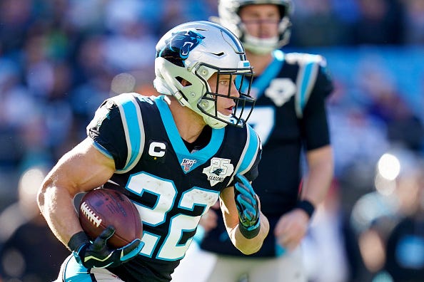 Panthers RB Christian McCaffrey looks for some open space.