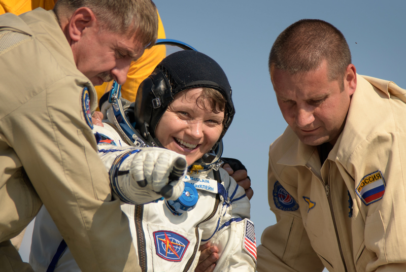U.S. Army astronaut Lt. Col. Anne McClain exits the Soyuz MS-11 spacecraft
