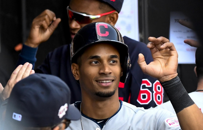 May 14, 2019; Chicago, IL, USA; Cleveland Indians left fielder Oscar Mercado (35) celebrates in the dugout after scoring in the eighth inning against the Chicago White Sox at Guaranteed Rate Field. Mandatory Credit: Matt Marton-USA TODAY Sports