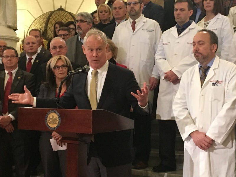 Flanked by doctors, Pa. House Speaker Mike Turzai speaks at the Capitol in Harrisburg.