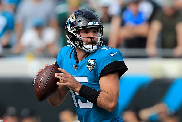 Jaguars QB Gardner Minshew keeps his eyes downfield.