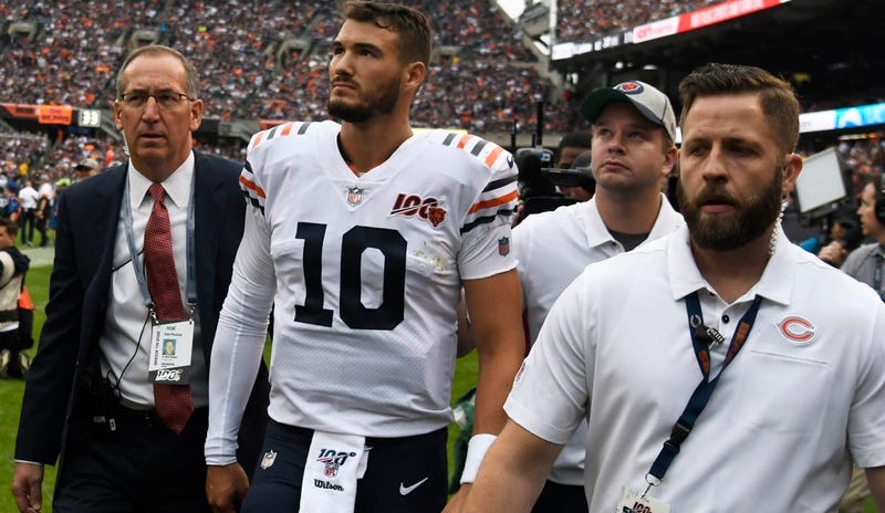 Bears quarterback Mitchell Trubisky (10) leaves the field after injuring his shoulder against the Vikings.