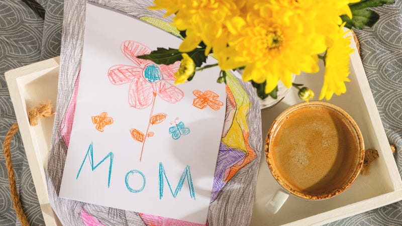 A gift from a child for mothers day - a card from a picture and coffee in bed in the morning.
