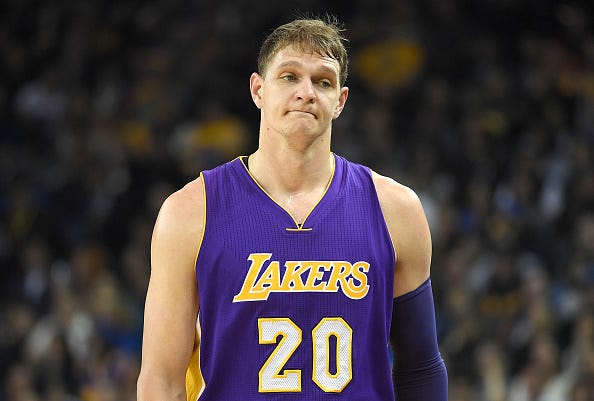 Timofey Mozgov walks down the court during a game with the Lakers.