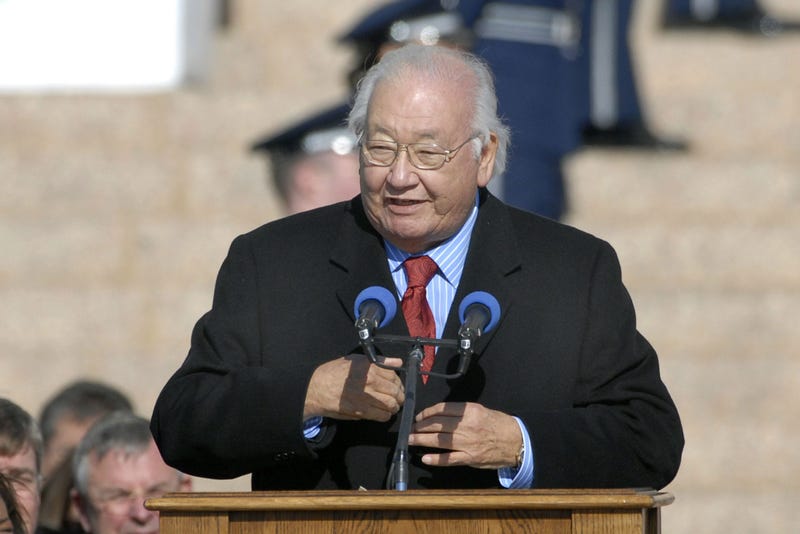In this Monday, Jan. 8, 2007 photo, Pulitzer Prize-winning writer N. Scott Momaday recites a poem at the inauguration of Oklahoma Gov. Brad Henry at the State Capitol in Oklahoma City.