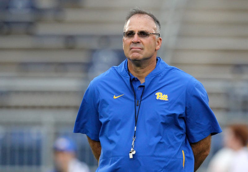 Pittsburgh Panthers head coach Pat Narduzzi stands on the field during a warm up practice prior to the game against the Penn State Nittany Lions at Beaver Stadium.