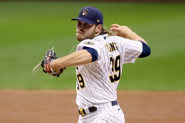 Corbin Burnes rears back to throw a pitch for the Brewers.