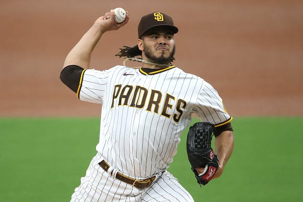 Dinelson Lamet fires away during a game for the Padres.