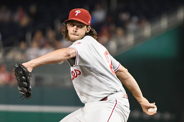 Aaron Nola winds up for the Philadelphia Phillies