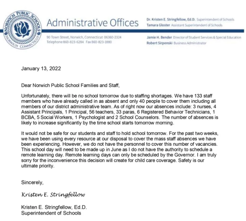 Norwich Public Schools Close January 14, 2022