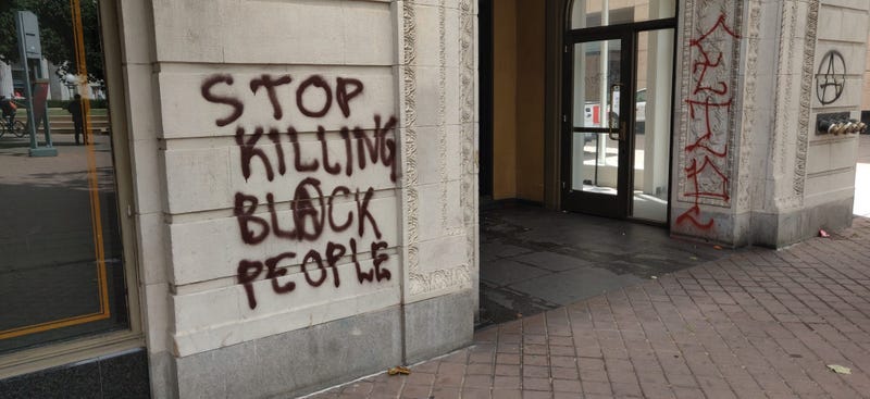 Graffiti seen in downtown Oakland following Friday's protest.