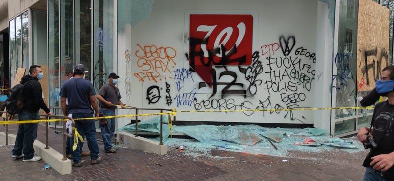 Graffiti seen at a Walgreens location in downtown Oakland following Friday's protest.