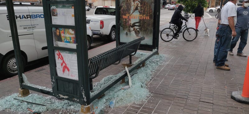 Smashed glass seen in Downtown Oakland following Friday's protest.