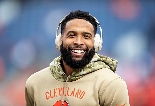Odell Beckham Jr. smiles before a game against the Broncos.