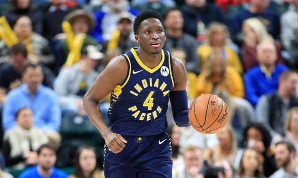 Victor Oladipo brings the ball up for the Indiana Pacers.