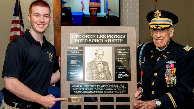 Centenarian WWII and Korea veteran awards scholarship to ROTC Cadet