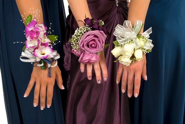 Girls hands wearing corsages for prom