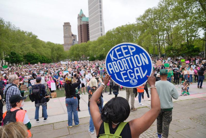 Demonstrators gather at Cadman Plaza Park to protest the Supreme Court's imminent decision to overturn Roe v. Wade.