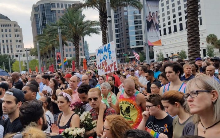 A sea of people attend a memorial service in the days following the Pulse nightclub shooting, five years ago.