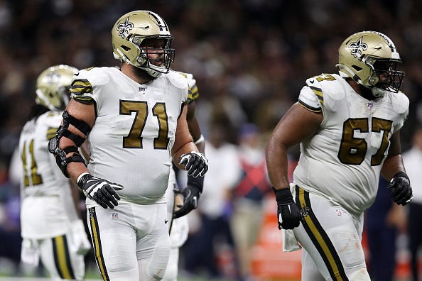 Saints OT Ryan Ramczyk lines up for a play.