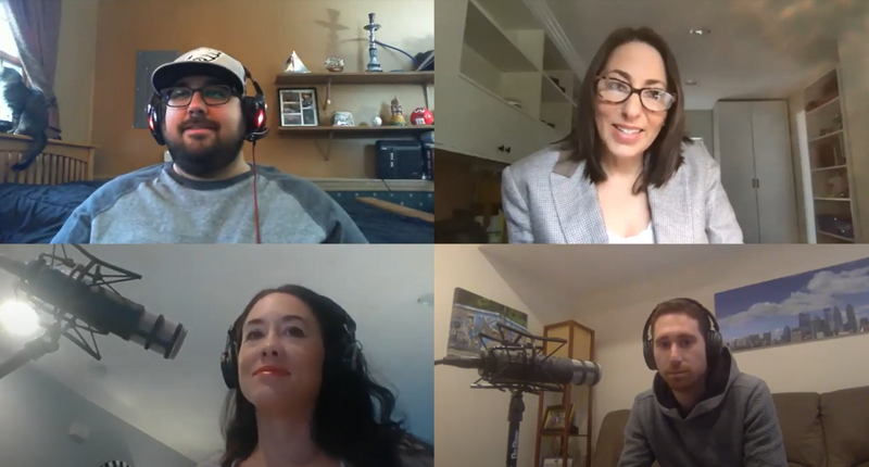 A recording of the podcast Dating Diaries: Quarantine Confessions, featuring hosts Andrea Gunning (lower left) and Ben Fetterman (lower right).