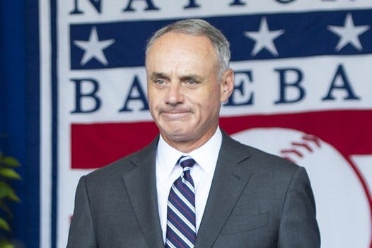 Baseball Commissioner Rob Manfred is introduced during the 2019 National Baseball Hall of Fame induction ceremony at the Clark Sports Center.