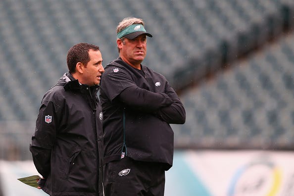 Howie Roseman chats with Eagles head coach Doug Pederson.