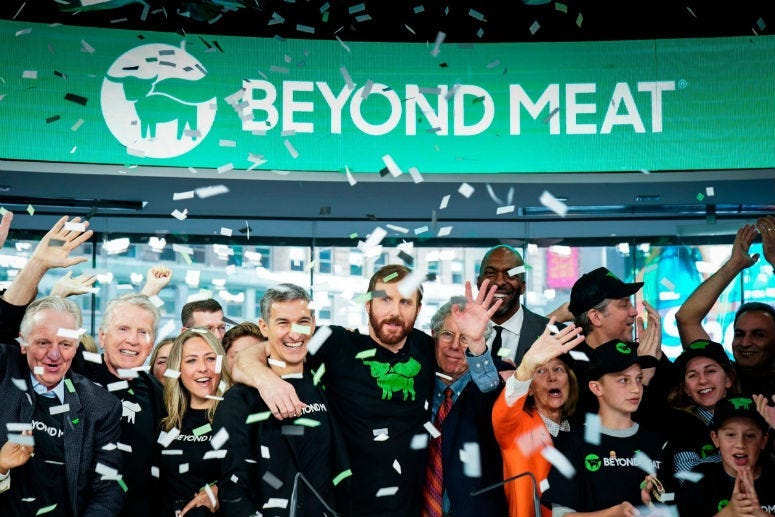 Beyond Meat, the company that makes meatless alternatives to beef, pork and poultry, began trading at $46 a share on Thursday, an 84% increase over its IPO price of $25.