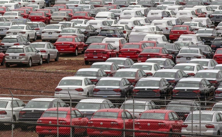 View of cars at the Volkswagen plant in Puebla, Mexico, on August 27, 2018.