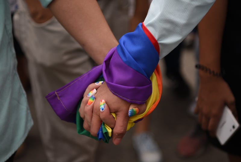 A couple hold hands wrapped in a rainbow flag during a pride march in Marikina City, east of Manila on June 30, 2018.