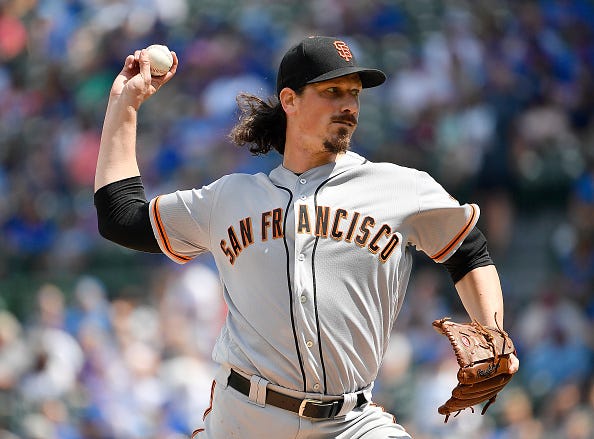 Giants pitcher Jeff Samardzija fires away during a game.