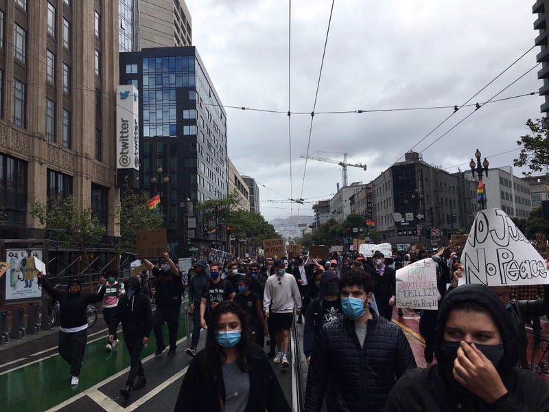 A rally moves down Market St. in San Francisco.