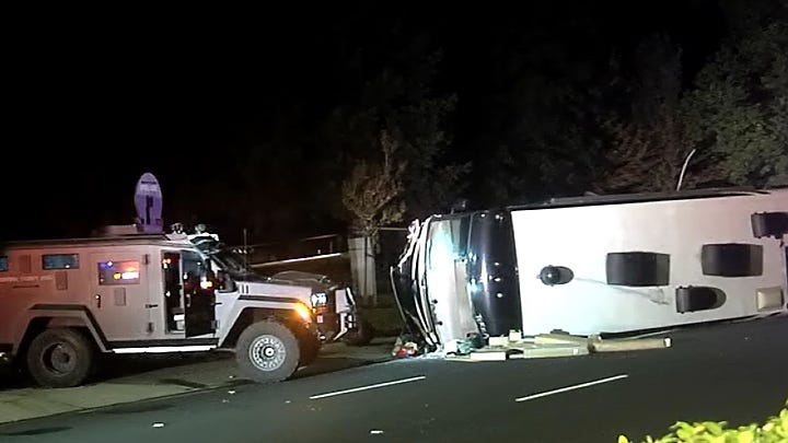 The scene after a stolen RV crashed in San Ramon on Wednesday night.