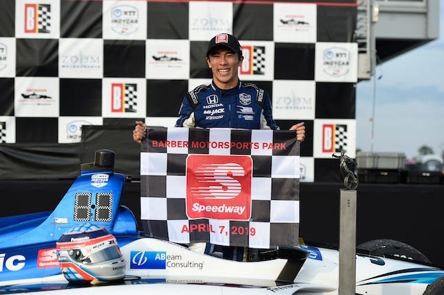 Rahal Letterman Lanigan's Takuma Sato Celebrates After Winning The Honda IndyCar Grand Prix Of Alabama