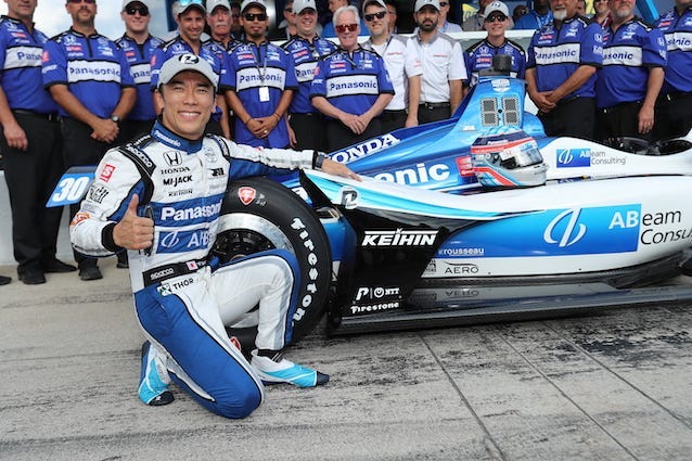 Rahal Letterman Lanigan Racing's Takuma Sato Celebrates Winning The NTT P1 Pole Award For Saturday Night's NTT IndyCar Series Race At Texas Motor Speedway